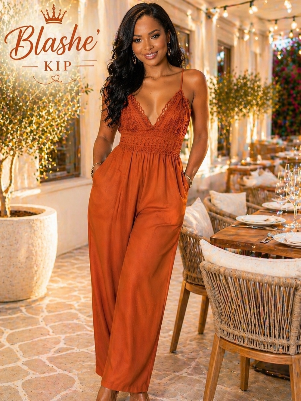 BLASHE Burnt Orange Crochet, Crossed-Back, Strap Halter,Wide Leg Jumpsuit,Size L